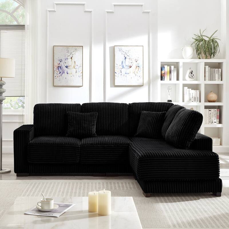 L Shaped Sectional Sofa with Reversible Chaise Lounge, Convertible Sectional 3 Seat Sofa, Corduroy Upholstered Corner Sofa