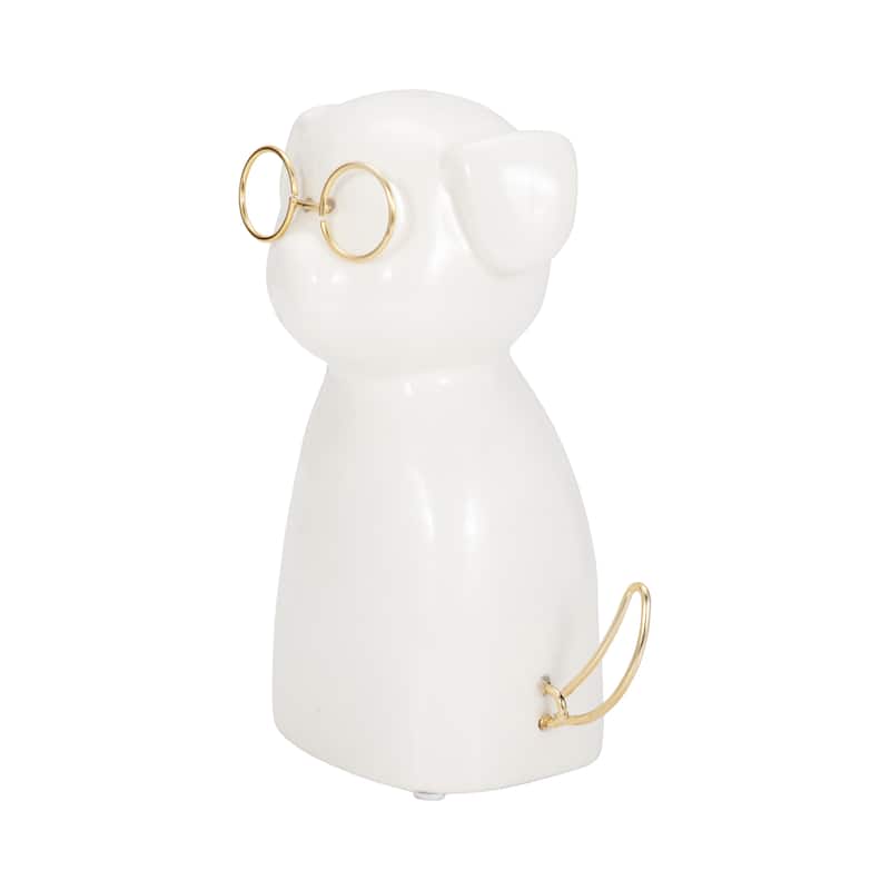Sagebrook Home Glam Stoneware and Metal Dog Figurine with Bowtie and Glasses - Elegant Decorative Accent Sculpture