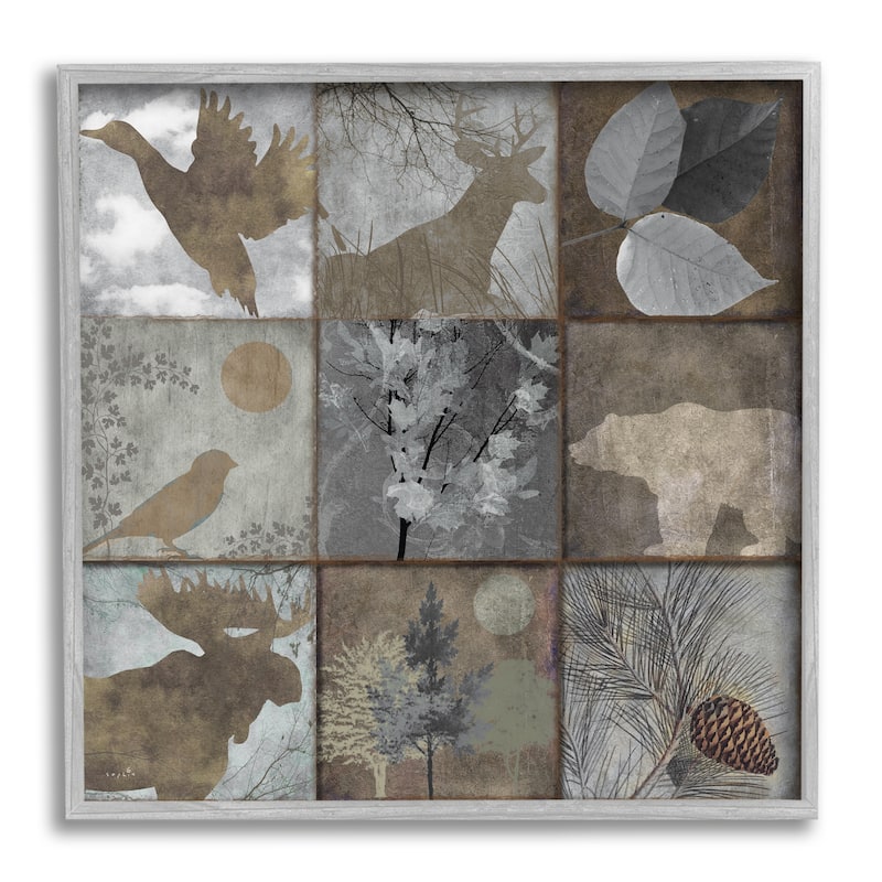 Stupell Rustic Woodland Animal Square Collage Brown Grey Forest Framed Wall Art - Silver - 24 x 24 - Grey