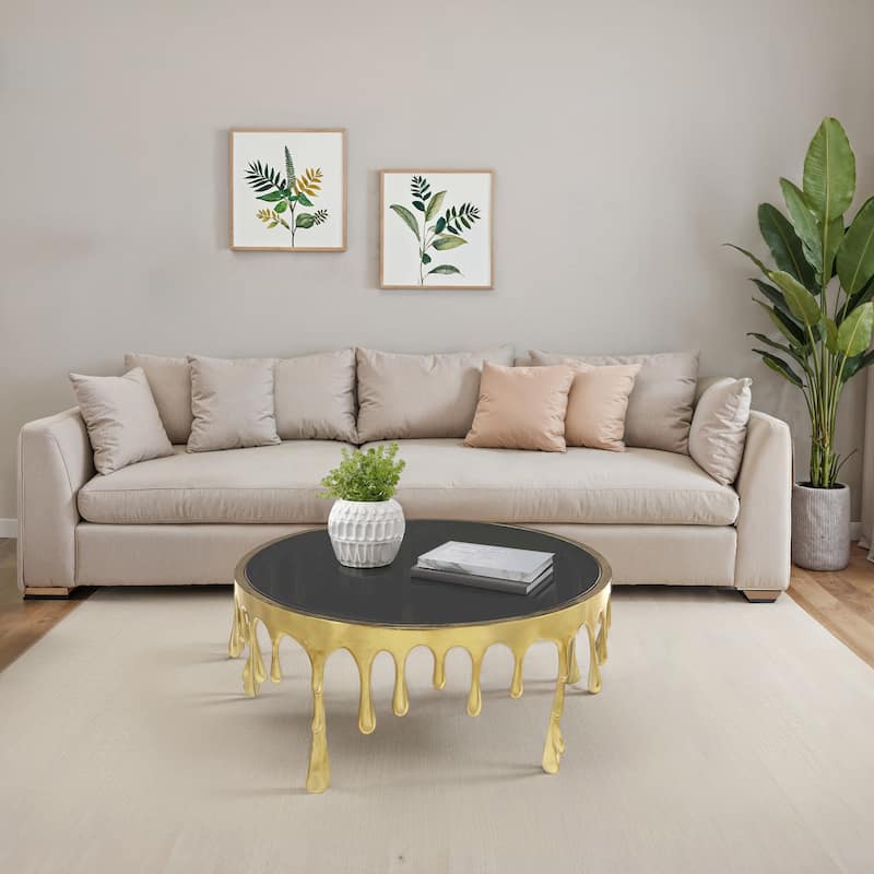 Capri Coffee Table, 36 Inch Round Glass Top, Melting Drip Design, Antique Gold