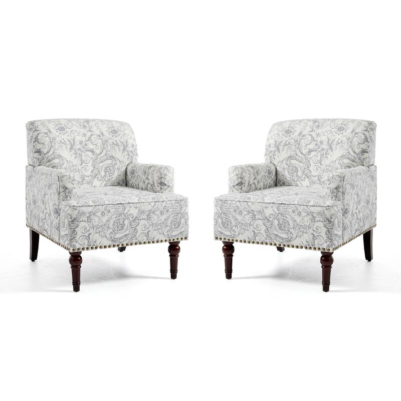 Set 2 Striped Upholstered Linen Armchair with Brass Nailhead Trim