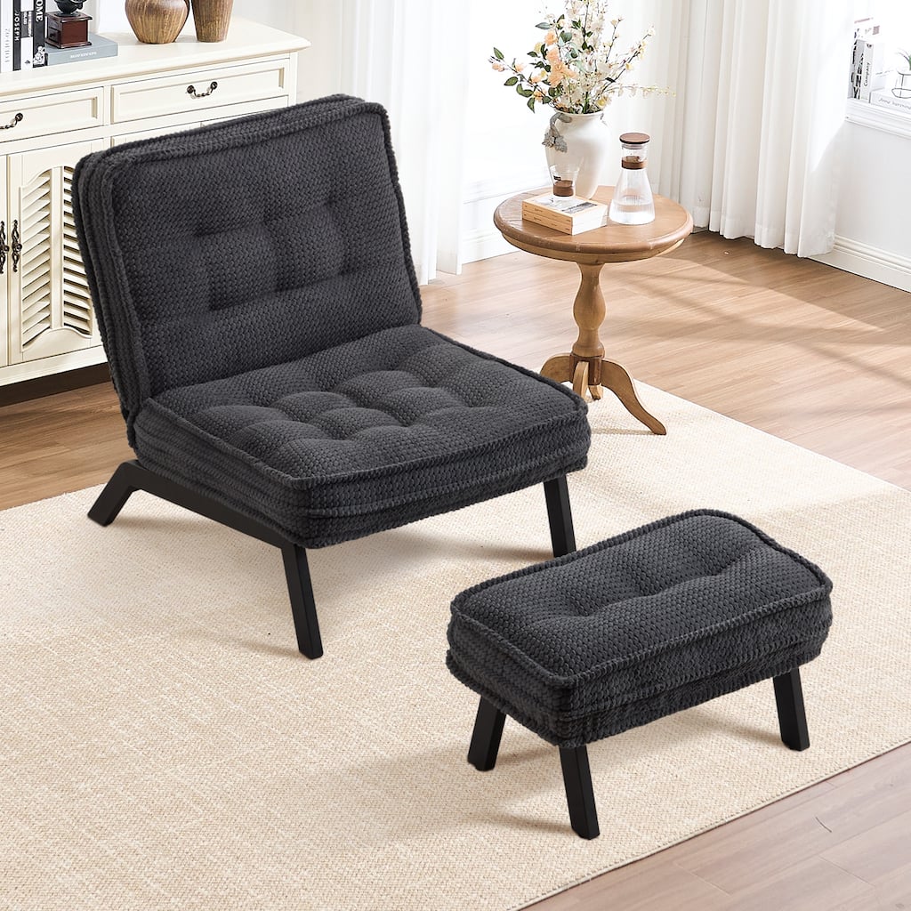 Upholstered Accent Chair with Ottoman, Armless Lounge Chair for Bedroom and Living Room, Comfortable Padded Seat with Wood Legs