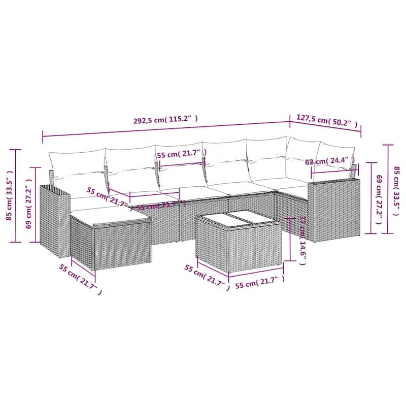 vidaXL Patio Sofa Set with Cushions Outdoor Conversation Furniture Poly Rattan - 25.8" x 24.4" x 27.2"
