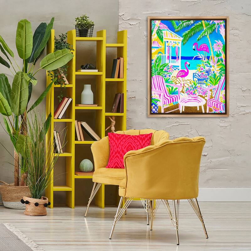 Stupell Vivid Flamingos on Tropical Beach Framed Floater Canvas Wall Art Design By Jess Stempel
