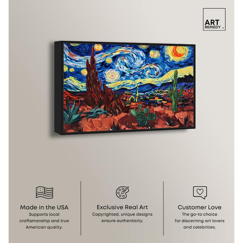 Art Remedy Desert Night Stars Framed Impressionism 1 Piece Canvas Wall Art /Monet And Van Gogh Inspired Art