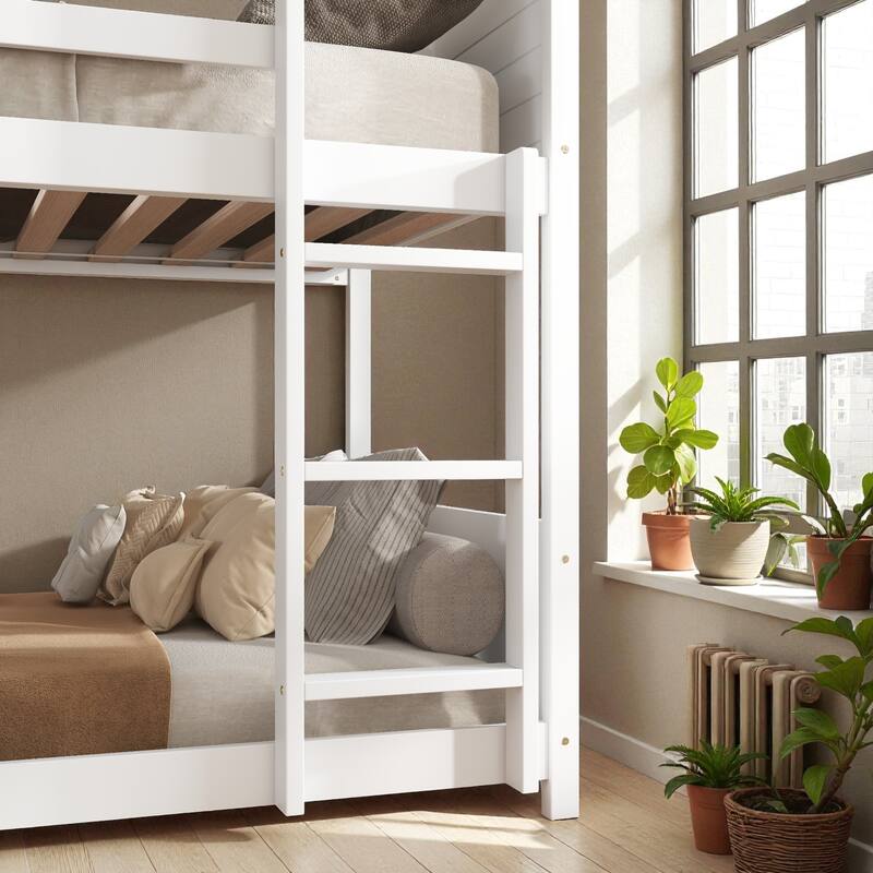 Twin Over Twin House Floor Bunk Bed with Ladder, Rubber Wood Frame with Guardrails, Headboards and Footboards for Kids