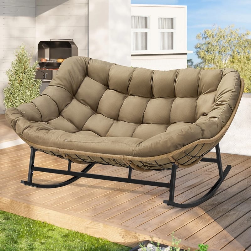 FINCATI Double Papasan Rocking Chair Outdoor Indoor, 700 lbs Heavy-Duty Double Wide Rocking Chair with 5.1 Inch Thick Cushion - 1 PC-Brown