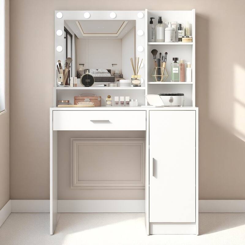 Makeup Vanity Table with Mirror Lights, Adjustable Brightness, Shelves and Drawer, 35.4" Dressing Table - White