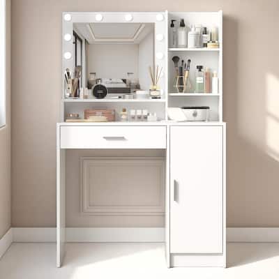 Makeup Vanity Table with Mirror Lights, Adjustable Brightness, Shelves and Drawer, 35.4" Dressing Table