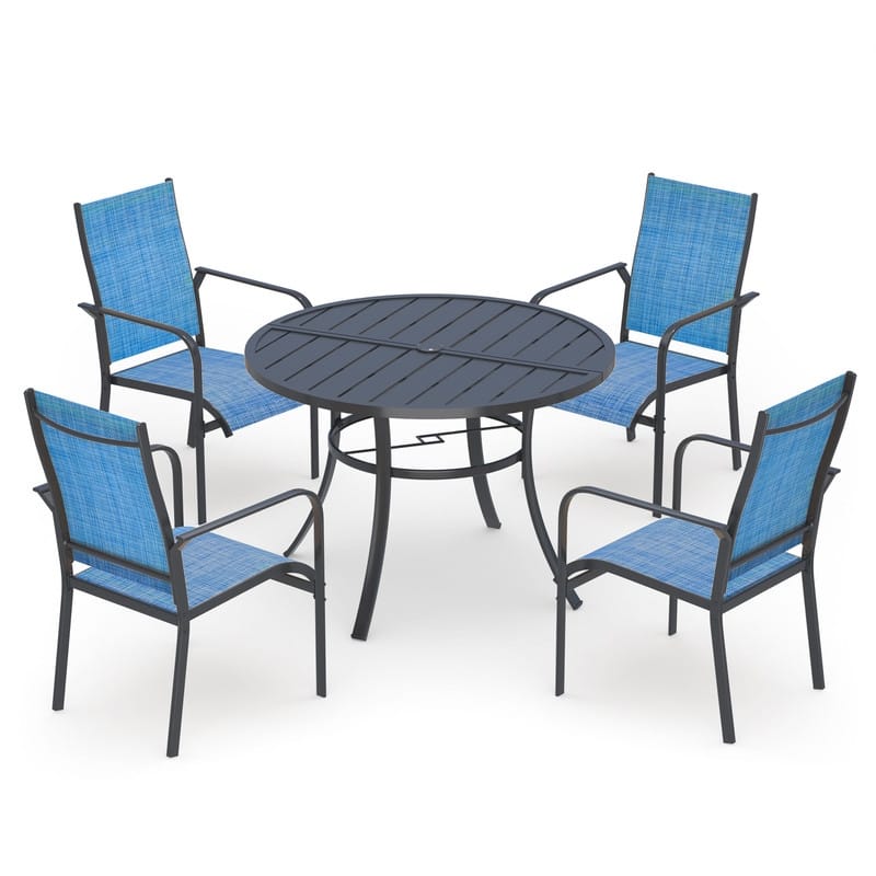 Patio Dining Set, Outdoor Dining Table and Chairs Set with Textilene Chairs, Adjustable Umbrella Hole for Garden, Backyard