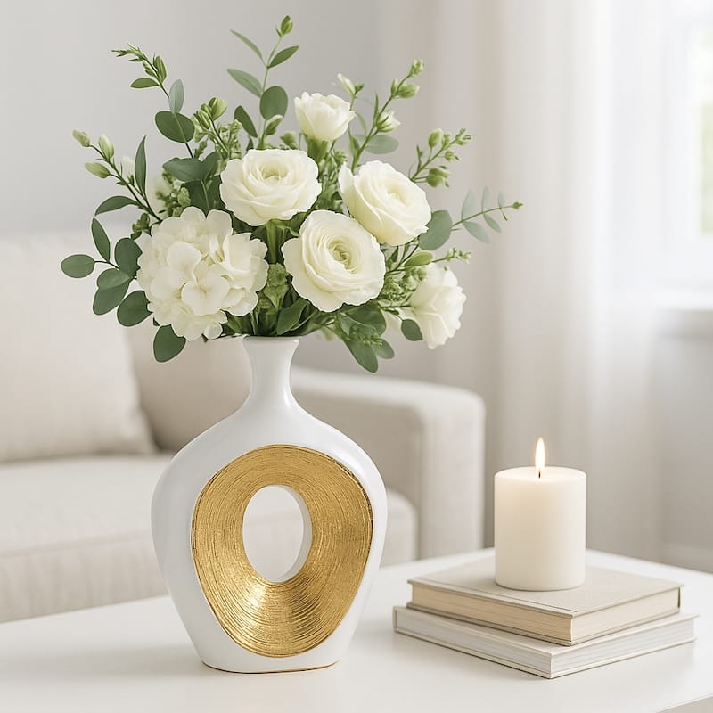 Modern Ceramic Textured Oval Cut-Out Vase - Home Decor - 13"