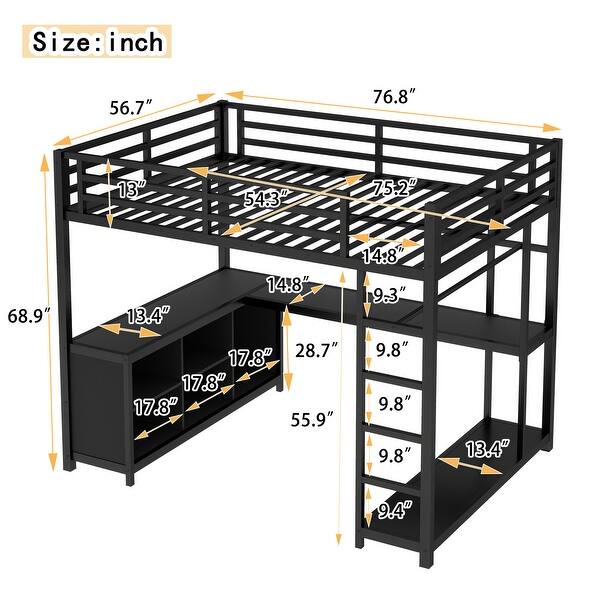 Full Size Loft Bed with L-shaped Desk, Built-In Wardrobe and Storage Shelves, Metal Bed Frame with Guardrails for Esports, Work