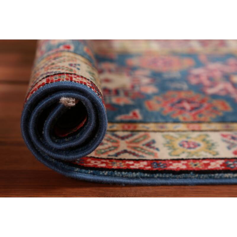 Geometric Kazak Oriental Foyer Rug Hand-Knotted Blue Wool Carpet - 2'0"x 3'0" - 2'0"x 3'0" - Blue