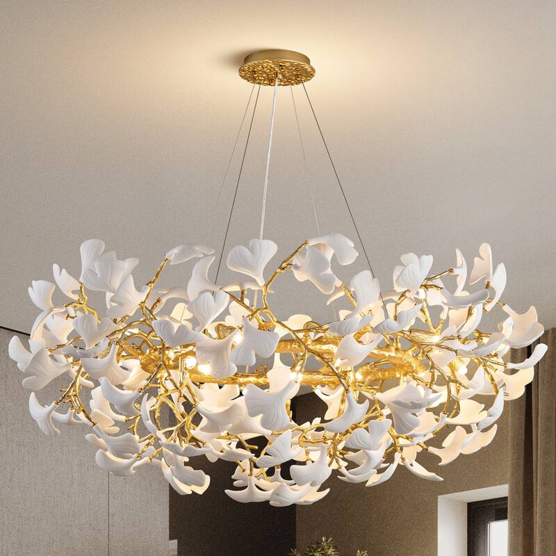 Modern Ginkgo Leaf Ceramic Chandelier, Moon Ring Round Pendant Light, D550-D1200, Gold Finish - 48in