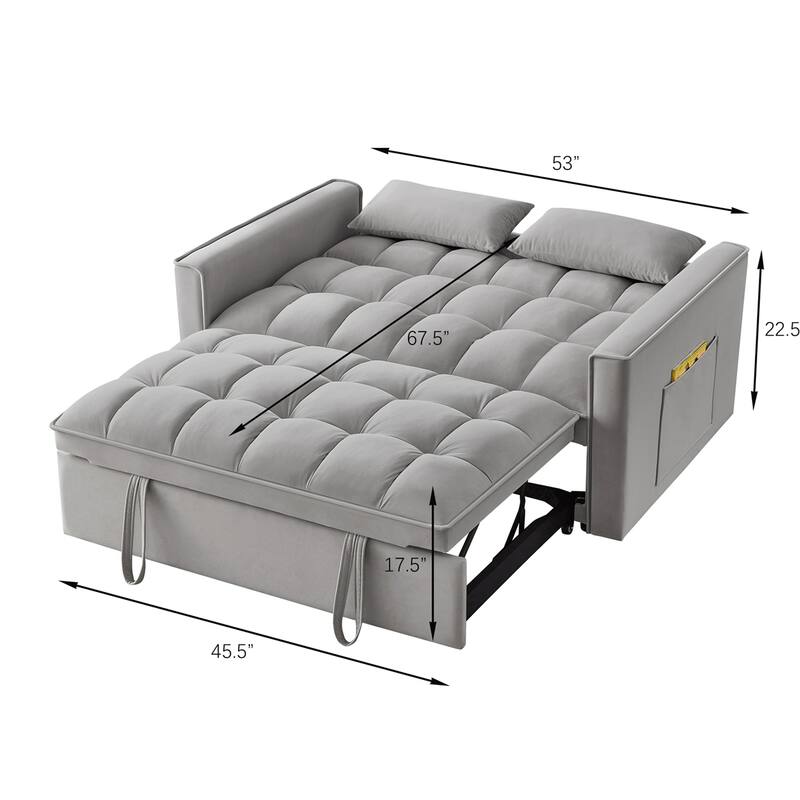 4 in1 Tufted Pull-out Sofa Bed with Backrest, Pillows, Storage Pockets