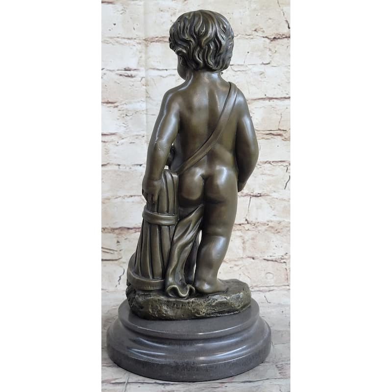 Angelic Young Boy Child Holding Apple Bronze Statue Sculpture Figure 14 Inches X 6 Inches