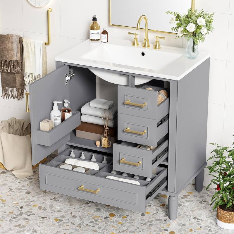 30" Bathroom Vanity with Ceramic Sink Storage Cabinet with Built-in Shelf and 3 Drawer
