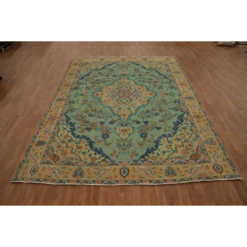 Hand Knotted Oriental 100% Wool Carpet Traditional Medallion Green Tabriz Area Rug - 11' 0'' X 8' 2''
