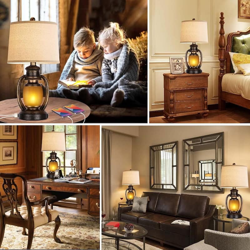 Set of 2 Table Lamps with 2 USB Port and Outlet,Farmhouse Table Lamps,Cottage Nightstand Lamps with Nightlight Miner Lantern