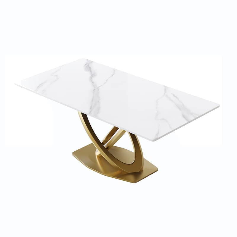 70'' White Sintered Stone Dining Table with Stainless Steel Gold Pedestal