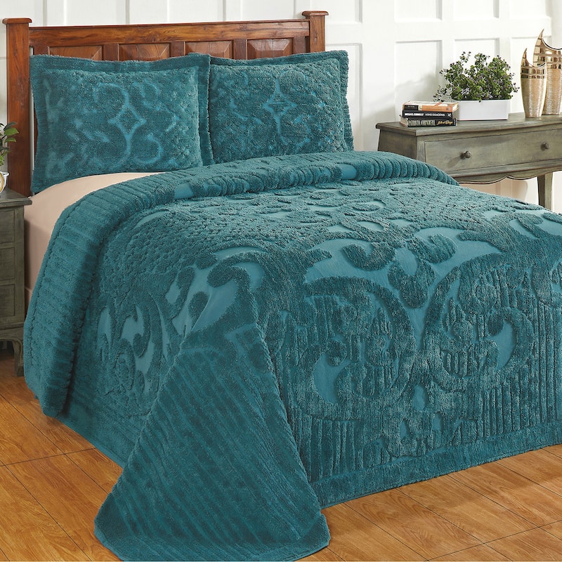Ashton Textured Scrolling Chenille Design Bedspread - Teal - King
