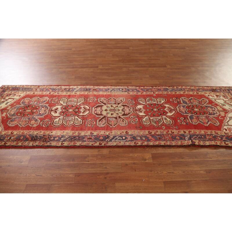 Vegetable Dye Red Heriz Persian Vintage Runner Rug Handmade Carpet - 3'1"x 9'8"