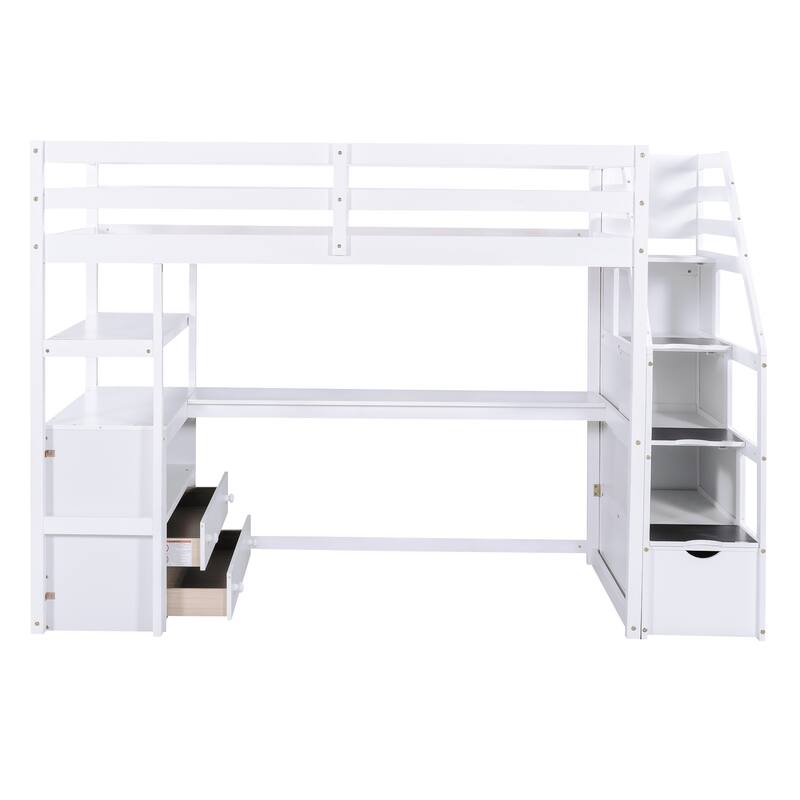 Twin Loft Bed with Desk, Shelves, Storage Staircase, and Two Drawers in White
