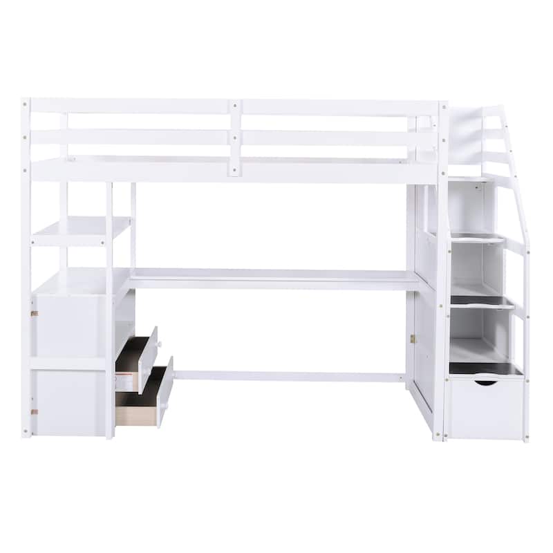 White Twin Size Loft Bed with Built-in Desk, Storage Staircase, and Shelves