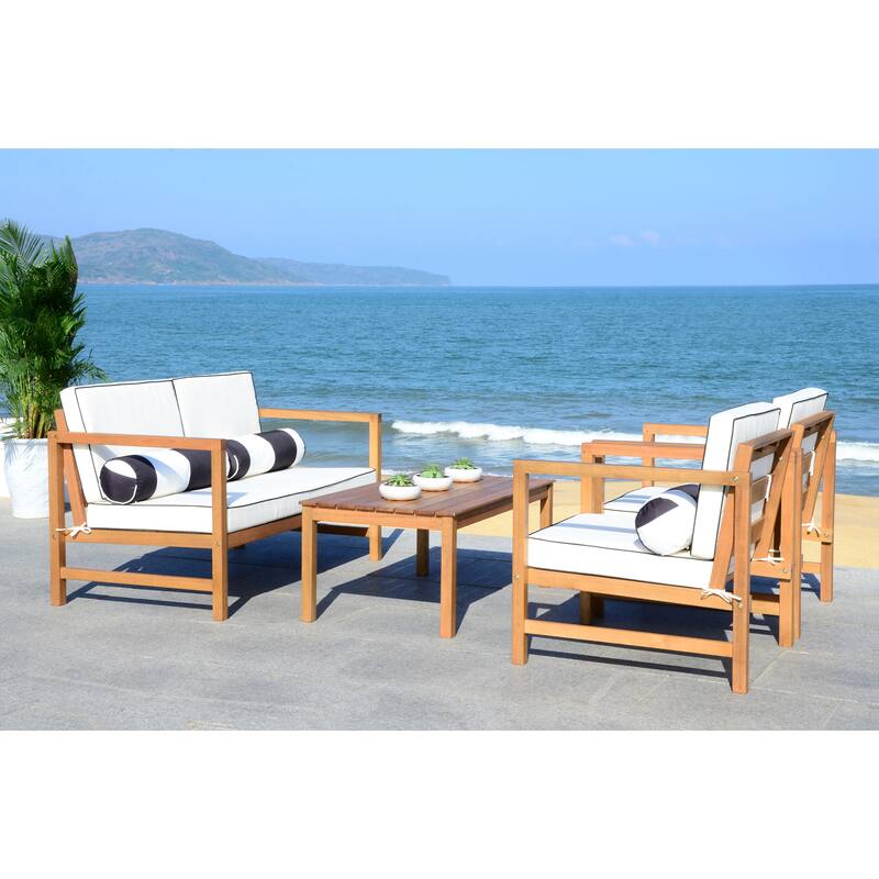 SAFAVIEH Outdoor Citlali 4-Piece Conversation Set with Accent Pillow - 50W x 29D x 29H - Natural/Beige/Black Piping/Black White