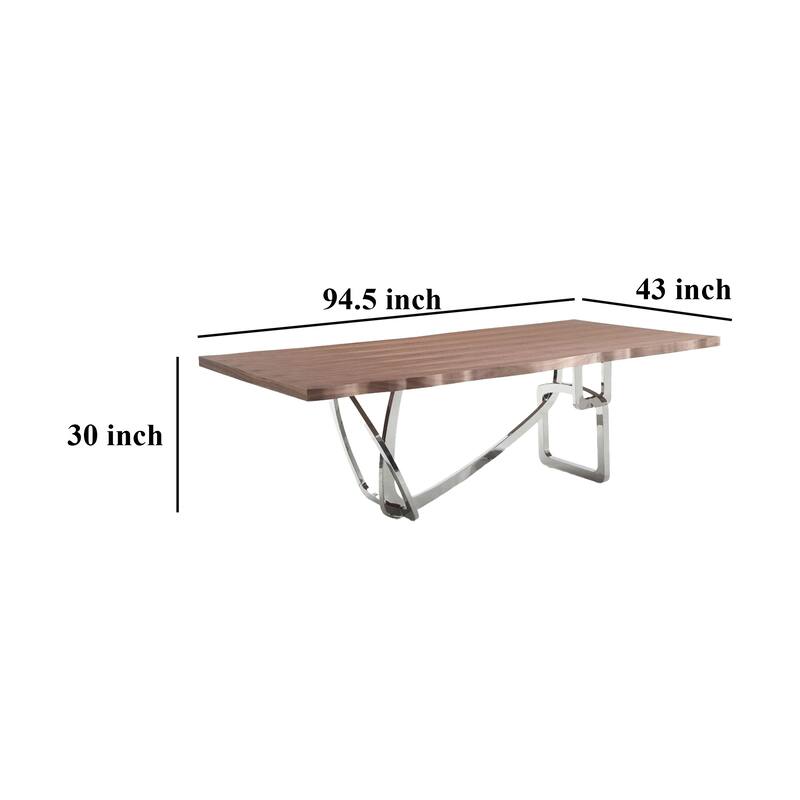 Ady Dining Table, 43x95 Walnut Top, Modern Chrome Steel Abstract Base