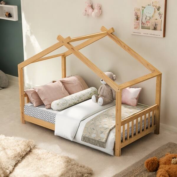 slide 2 of 9, Wood Twin Size House Platform Kids Bed Frame with Roof, Headboard & Footboard, White Natural