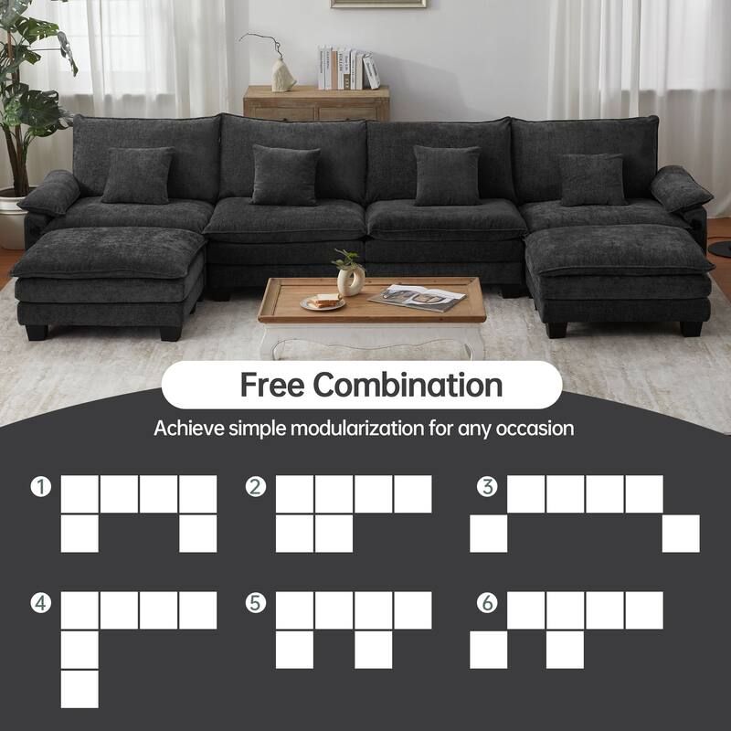 144" Modular Compression Sofa Set Convertible Sectional Sleeper Couch with 2 Ottomans
