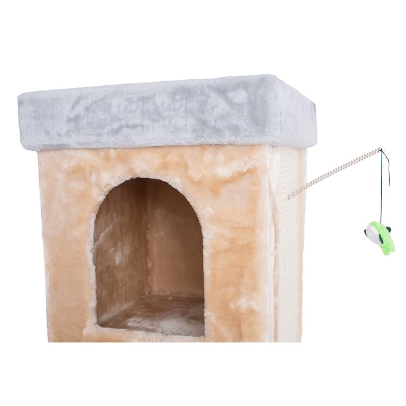 Double Condo Real Wood Cat House With Scratching Carpet For Cats - Beige