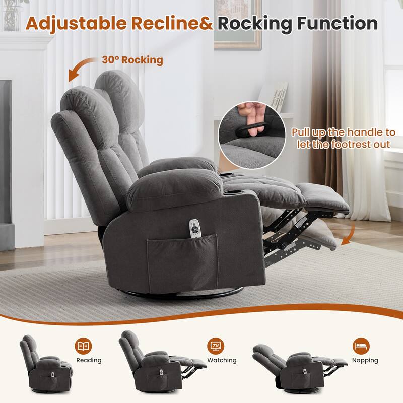 Anmytek Swivel Rocker Recliner with Heat and Massage USB Charging Port and 2 Cup Holders