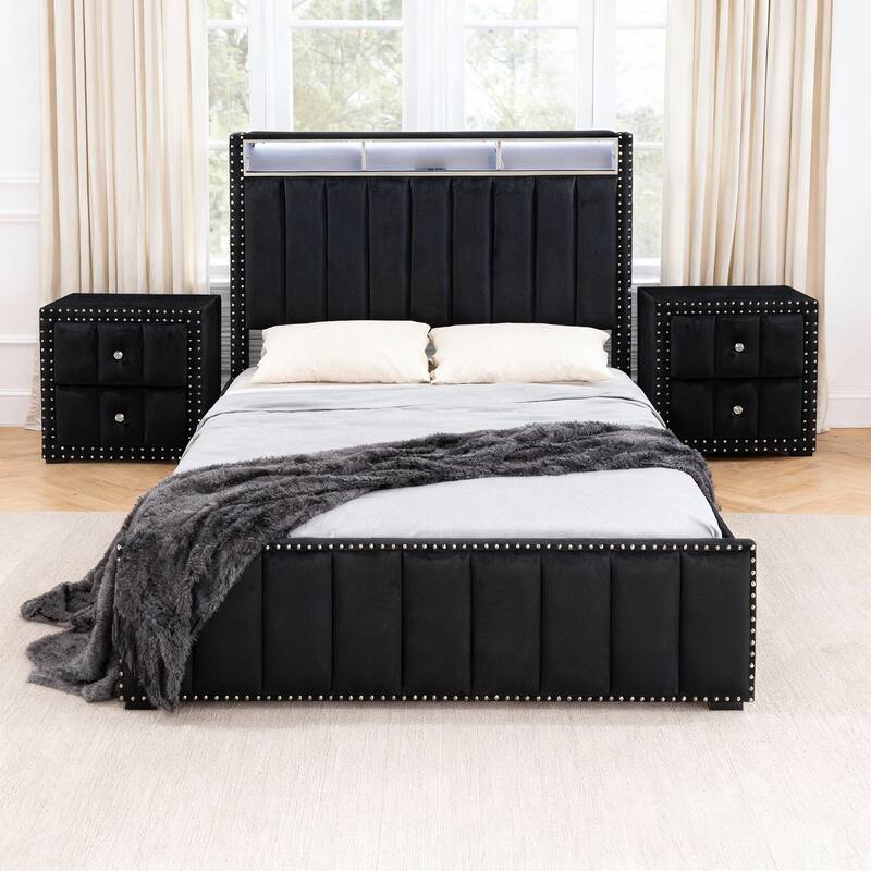 Modern Black Solid Wood Bed Frame with Open Compartments