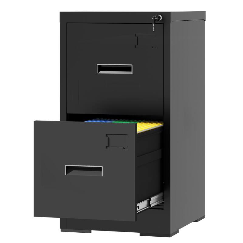 Modern Narrow Vertical Filing Cabinet with 2 Drawers Anti-Tilt Device, Locks and Card Slots, for Home Office