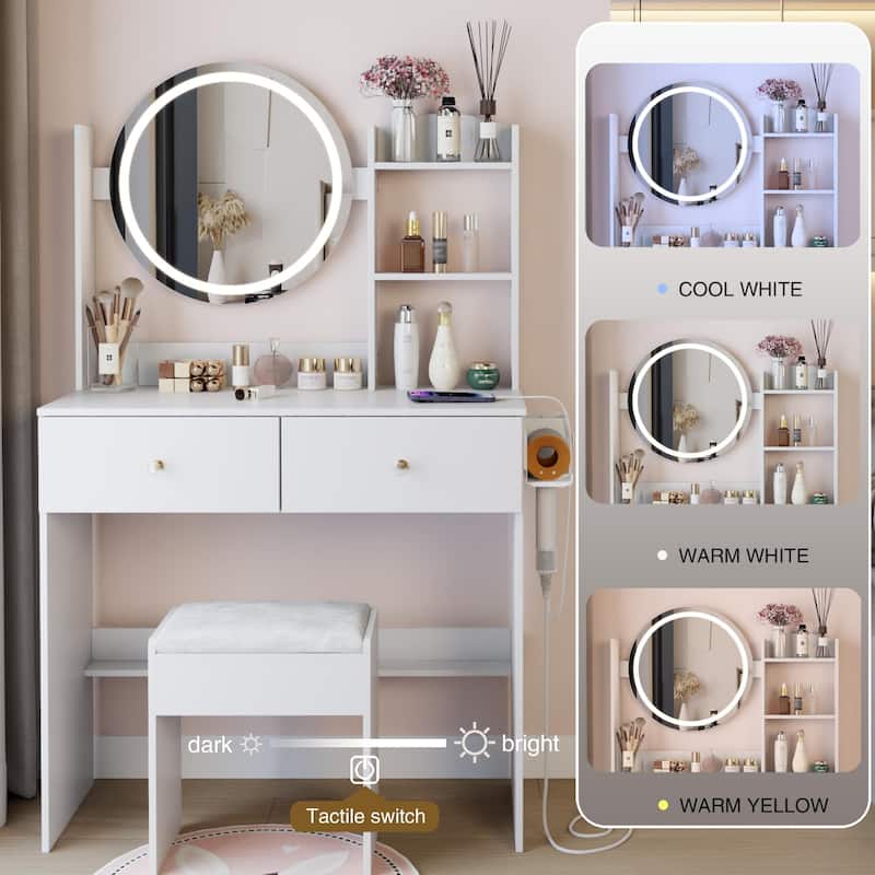 Modern Vanity Set with Touch LED Mirror, Built-in 2 AC Outlets, USB & Type-C Charging, Stool Included, Makeup Storage Desk