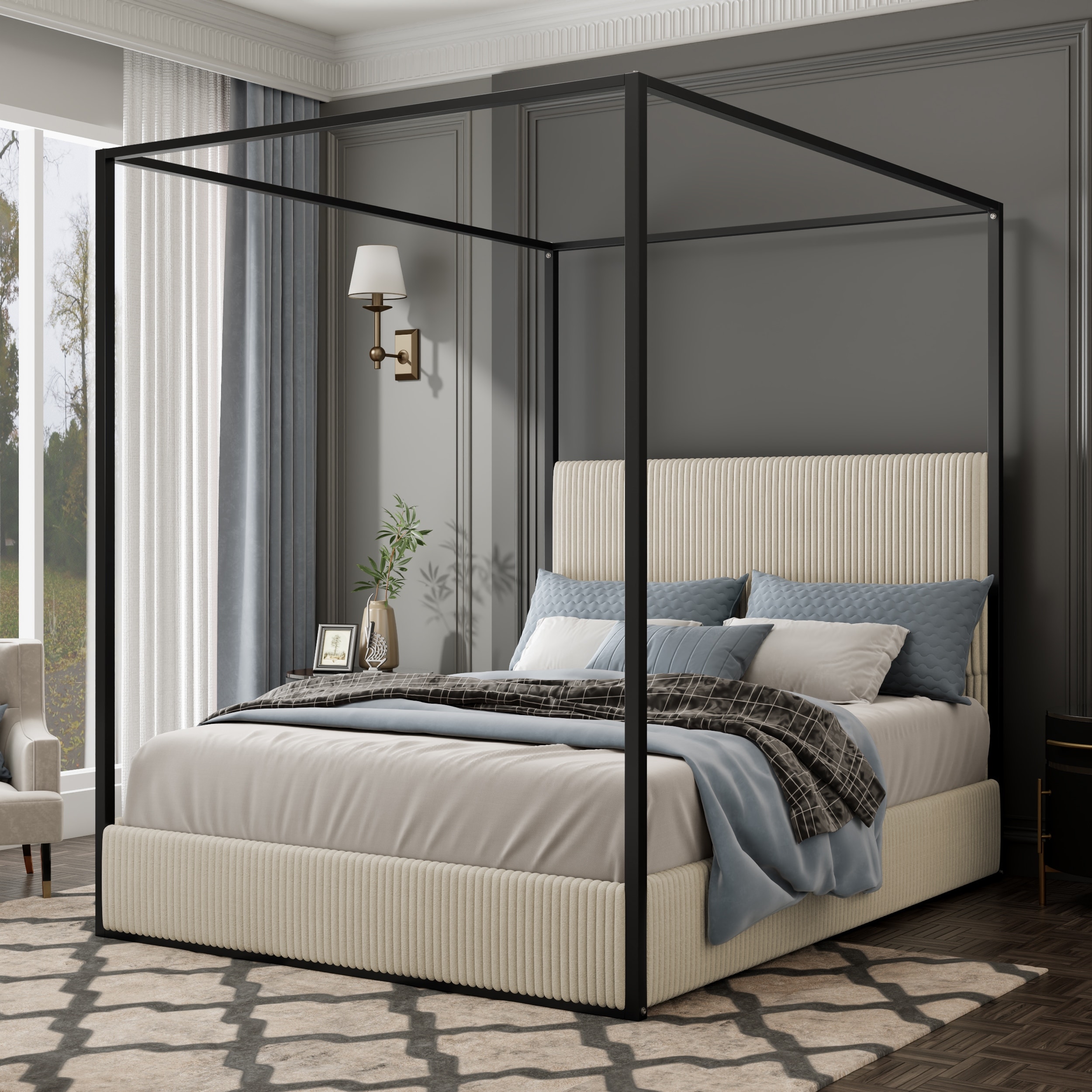Metal Canopy Bed with Tall Upholstered Headboard and Gold Four Poster