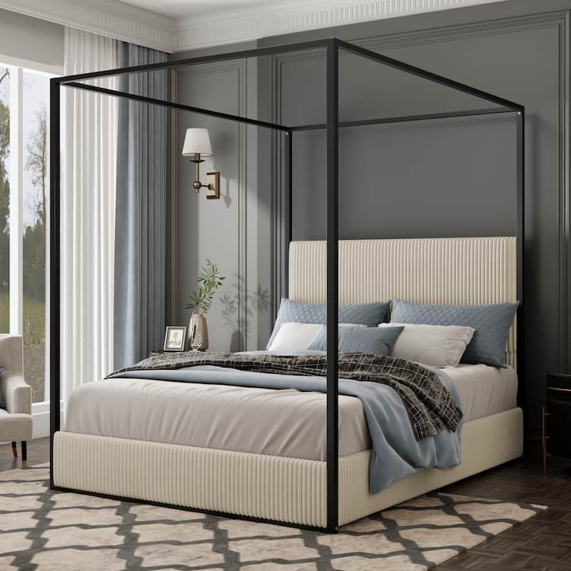 Modern Luxury Metal Canopy Bed with Tall Upholstered Headboard & Four Poster