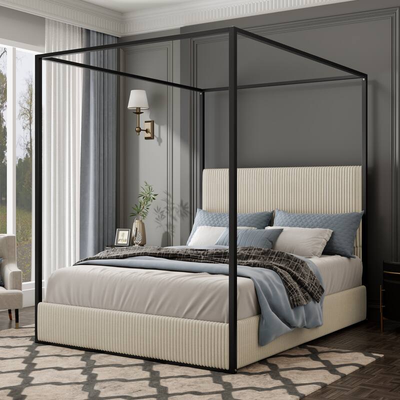 Queen/King Modern Luxury Metal Canopy Bed with Tall Corduroy Upholstered Headboard and Gold Four Poster, No Box Spring Needed - White - King