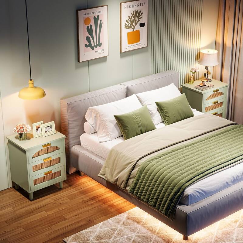 Rattan Nightstand, 3-Drawer Storage Bedside/End Table for Bedroom, Living Room, Sofa Side & Office