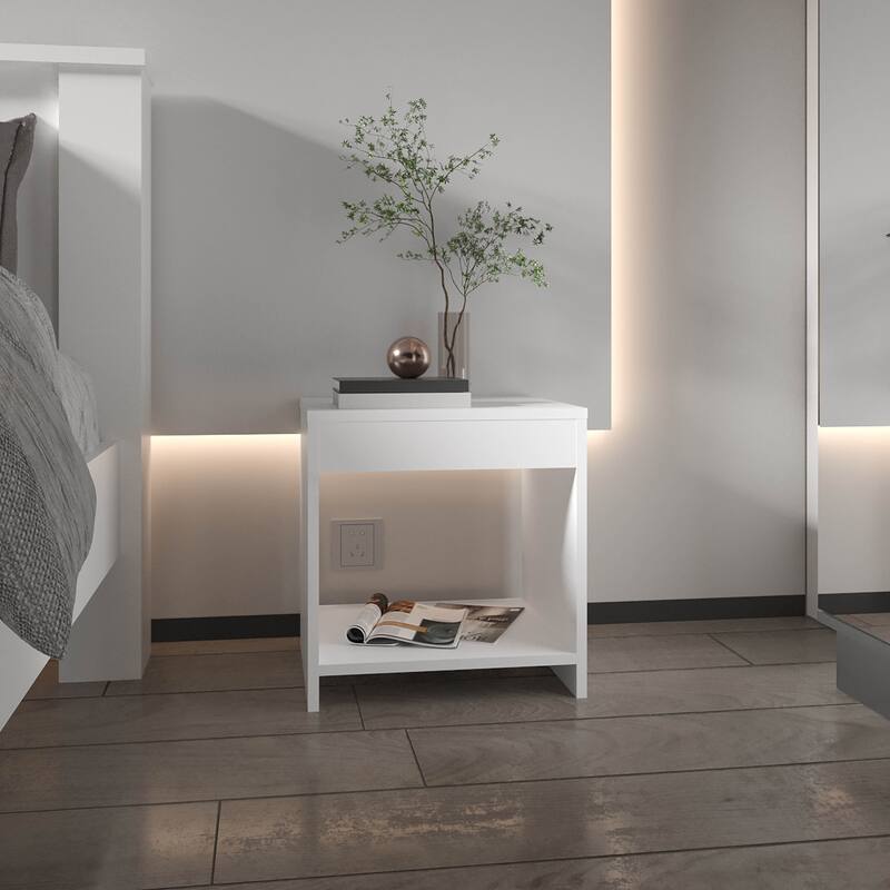 Compact Night Table with Spacious Shelf, White, Modern Style - White