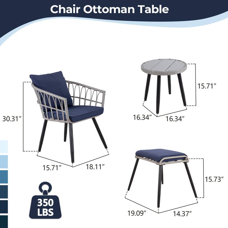 5-Piece Outdoor Wicker Bistro Chairs Set with 2 Armchair, 2 Ottoman, and Coffee Table