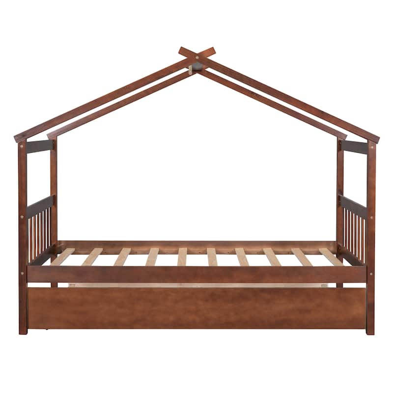 Solid Wooden House Bed with Twin Size Trundle