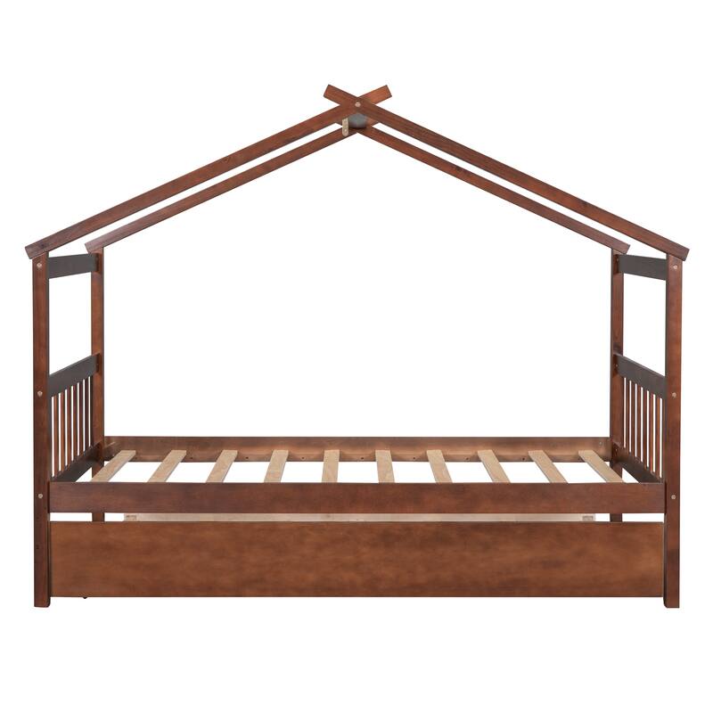 Whimsical House Bed, Twin Size Wooden House Bed with Trundle, Solid Pine Construction Bed Bath