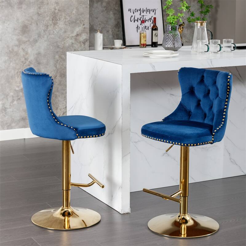 2 Piece Adjustable Swivel Velvet Upholstered Barstool with Golden Base