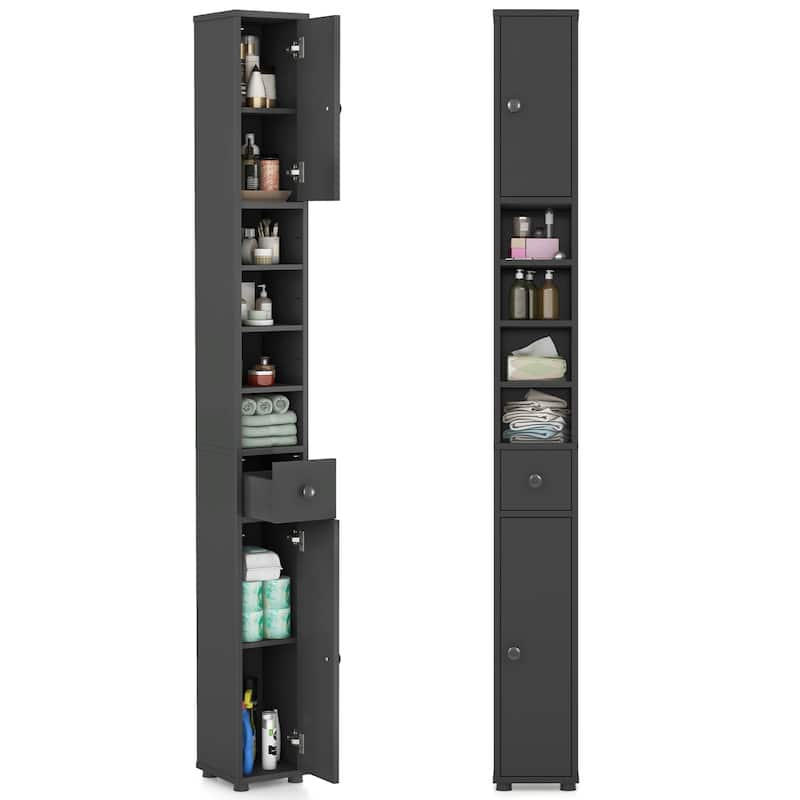 Gymax Tall Slim Bathroom Storage Cabinet Linen Tower w/Drawer - Grey