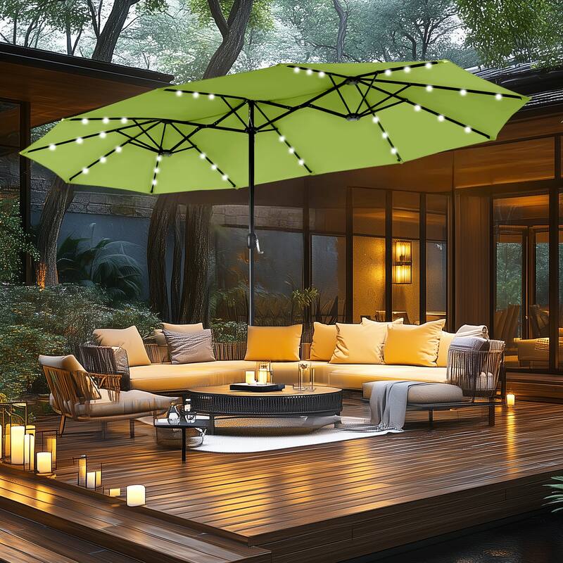 MAISON ARTS 15-foot Rectangular Crank Double-sided Outdoor Market Umbrella Solar LED Lighted Patio Umbrella with Base Included - Lime