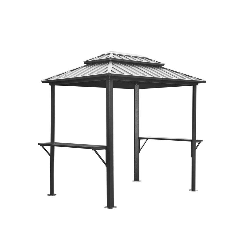 8' × 6' Aluminum Grill Gazebo with Metal Frame Shelves Serving Tables and Double Roof Hard top - Grey