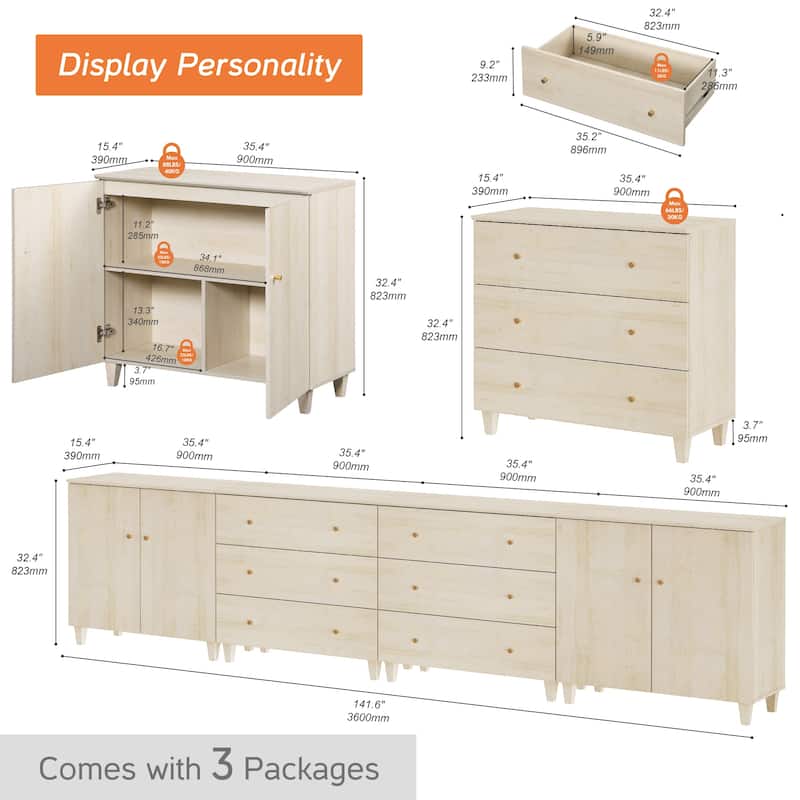 Wood Dresser with 6 Drawers and 2 Cabinets for Bedroom, 142" Wide